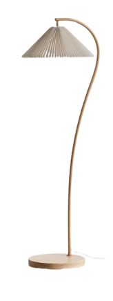 A contemporary floor lamp with a unique design. It features a thin, curved metal stem that rises from a circular wooden base. The lampshade is conical, constructed from vertically oriented, off-white fabric pleats, giving it a textured, accordion-like appearance. The overall aesthetic is minimalist and elegant, with a focus on natural materials and organic shapes. — 3D model