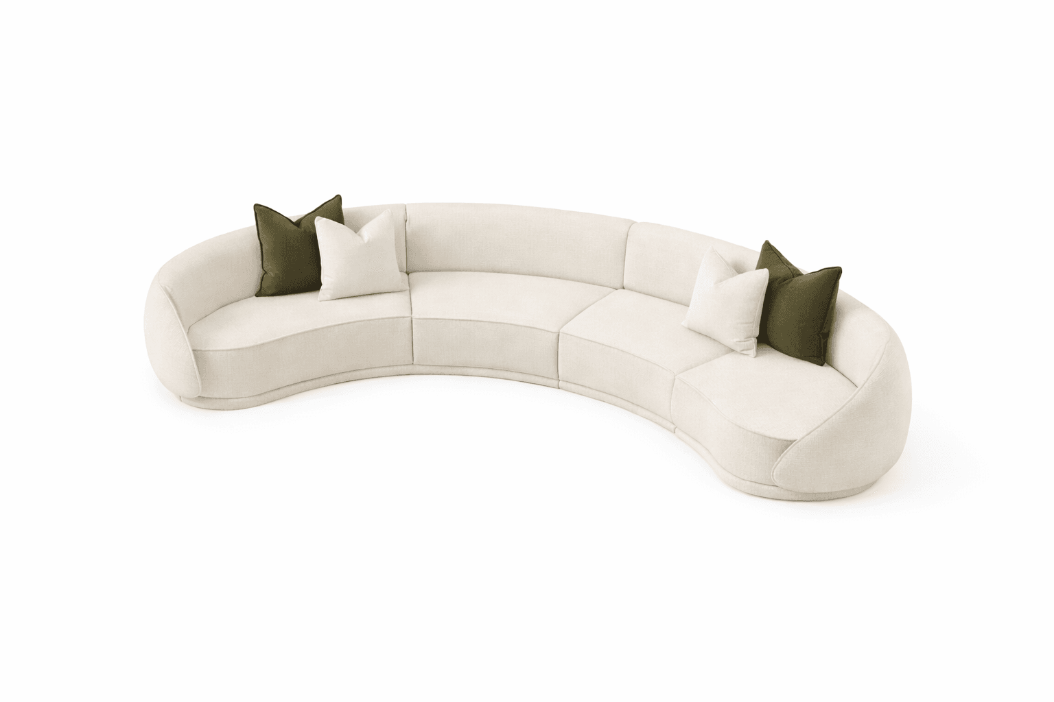 A modular, curved sofa with a cream-colored, textured upholstery. The sofa is comprised of several sections, creating a semi-circular form. It features rounded arms and a low profile. Two throw pillows, one white and one olive green, are placed on the seating area. — 3D model