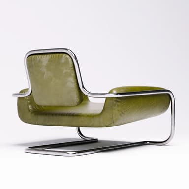 A Modernist lounge chair featuring a continuous tubular chrome frame that forms the base, armrests, and back support, upholstered in green leather or faux leather for the seat, backrest, and armrest pads. — 3D model