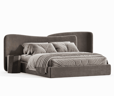 A modern upholstered platform bed featuring a distinctive asymmetrical headboard and plush fabric upholstery, presented with bedding and a throw blanket. — 3D model