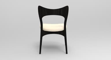 A contemporary dining chair featuring a dark-stained wood frame and a light-colored upholstered seat. The chair has a distinctive sculpted backrest with a central cut-out, offering an elegant and modern aesthetic. Its legs are slender and tapered, contributing to a sleek profile. — 3D model
