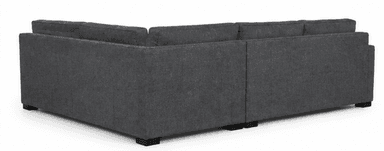 A contemporary L-shaped sectional sofa upholstered in a dark gray textured fabric, featuring clean lines, block arms, and multiple loose seat and back cushions resting on low-profile dark feet. — 3D model