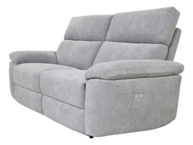 A light grey upholstered two-seater loveseat featuring power reclining functionality. The design is contemporary with plush, padded armrests and backrests, and visible white accent stitching along the seams. It includes integrated power recline controls located on the side of the armrest. — 3D model