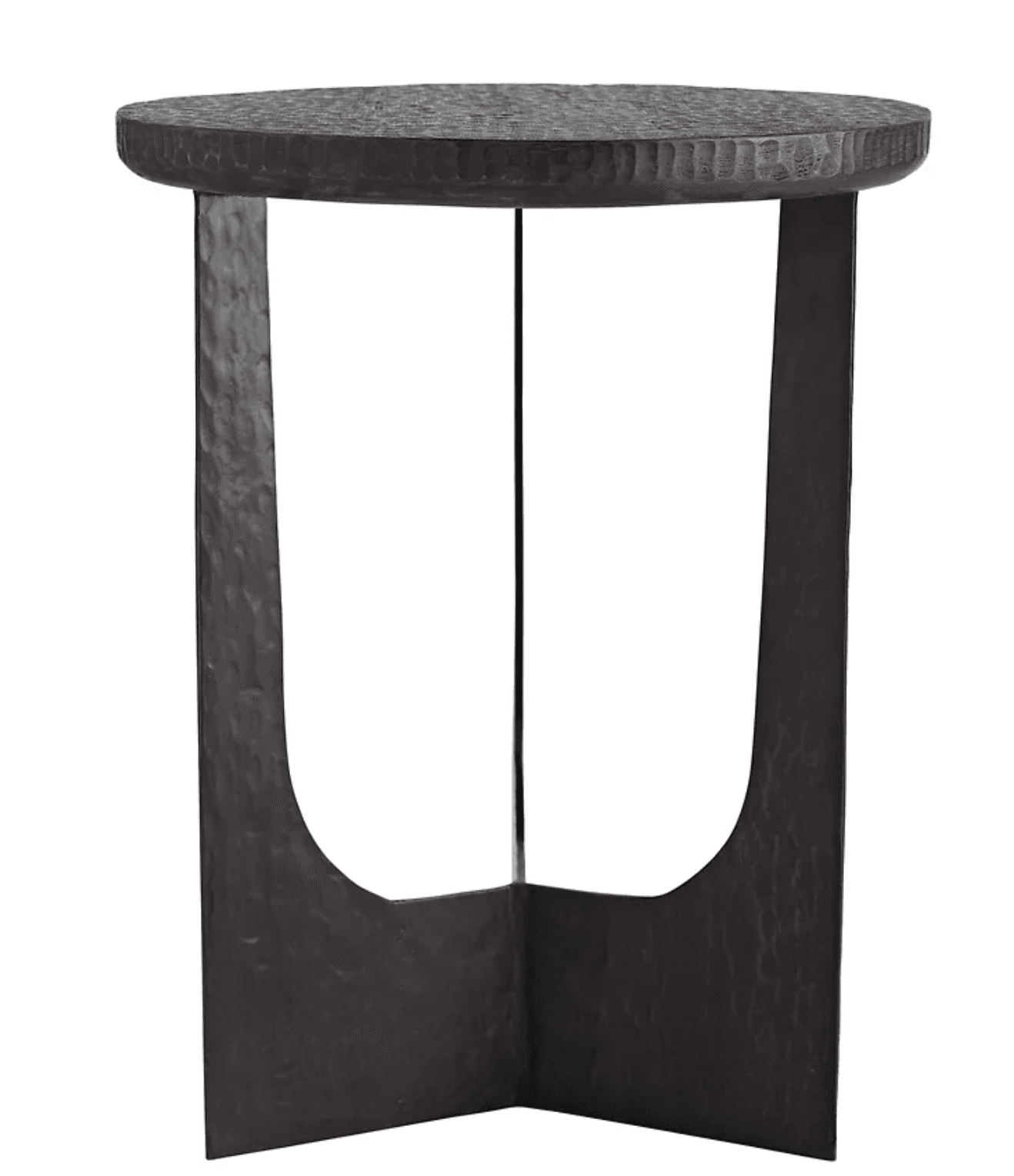 A dark-toned end table with a circular, textured top and a unique U-shaped base. The base appears to be constructed from two panels connected at the center, forming a stable structure. A thin rod connects the underside of the tabletop to the apex of the base structure, providing additional support. The surface of the tabletop and the base exhibits a hammered or chiseled texture. — 3D model