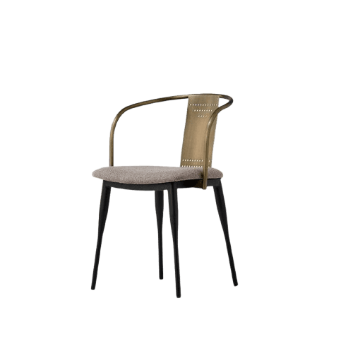 A contemporary armchair featuring a black metal frame, an upholstered seat, and a unique curved brass-tone metal armrest and studded backrest combination. — 3D model
