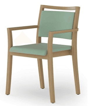 A wooden armchair with a light wood finish. It features a simple, modern design with a slatted backrest and a padded seat. The upholstery is a pale green color. — 3D model