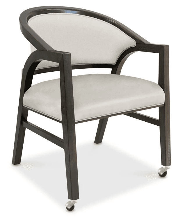 A dark wood armchair with light-colored upholstered seat and back. The chair features a curved top rail and armrests, supported by straight legs. The front legs are equipped with casters for mobility. — 3D model