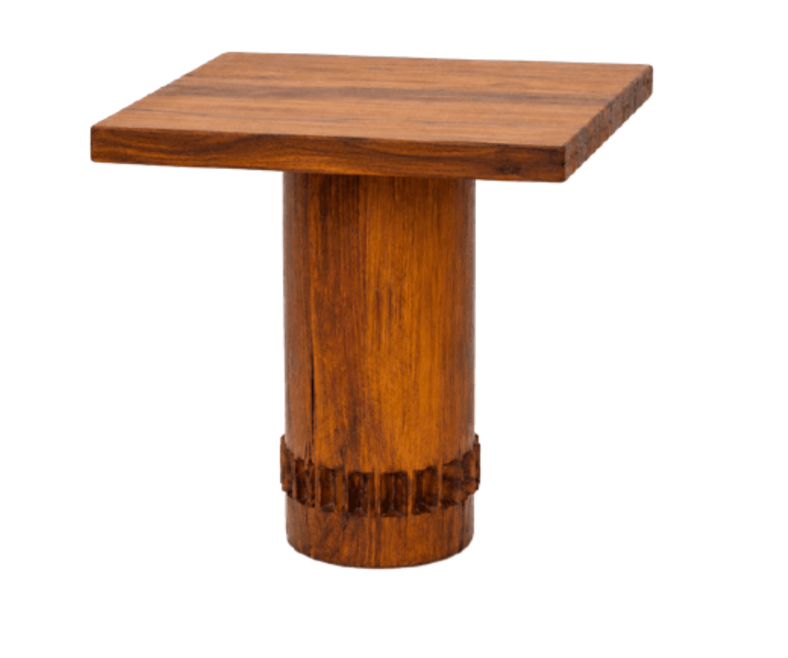 A square-top accent table constructed entirely from solid wood, featuring a robust, cylindrical pedestal base with carved detailing near the bottom. — 3D model