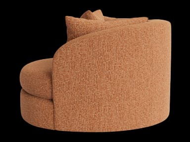 A cylindrical ottoman upholstered in a textured fabric. It has two small, triangular back cushions attached to the top surface, angled outwards. The upholstery features a subtle weave with variations in color, creating a speckled appearance. — 3D model