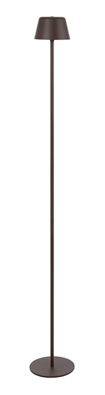 A modern floor lamp featuring a dark bronze finish. The lamp has a conical shade that tapers downwards, directing light downwards and outwards. A slender, straight pole rises from a circular, flat base, supporting the shade. The overall design is minimalist and functional, suitable for contemporary interior design schemes. — 3D model