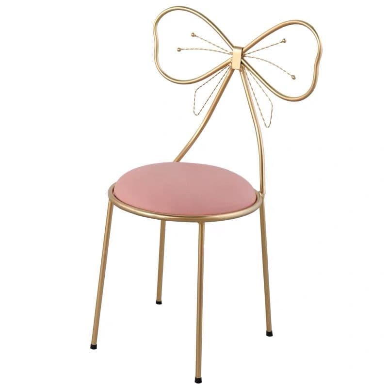 A gold-finished metal chair featuring a unique bow-shaped backrest and a round, pink upholstered seat, supported by slender tapered legs. — 3D model
