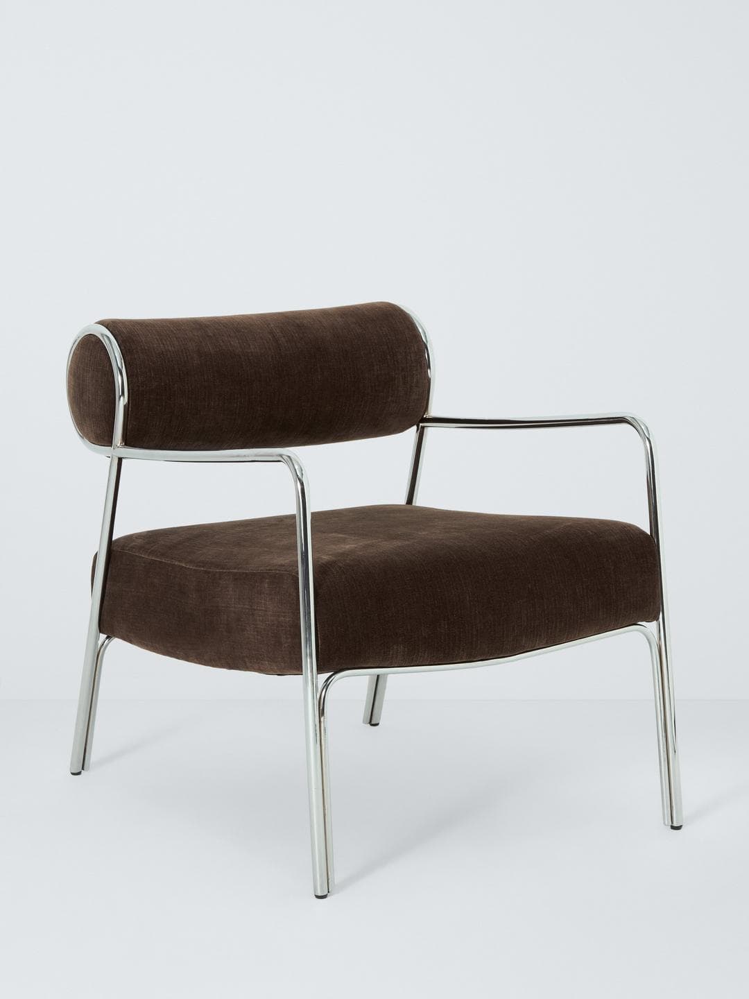 A modern armchair featuring a tubular metal frame and upholstered seat, back, and armrests. The backrest is slightly curved and rounded at the top. The seat is rectangular and padded. The armrests are formed by the continuation of the frame that curves down from the backrest to the front legs. The frame is constructed from polished chrome or stainless steel. — 3D model