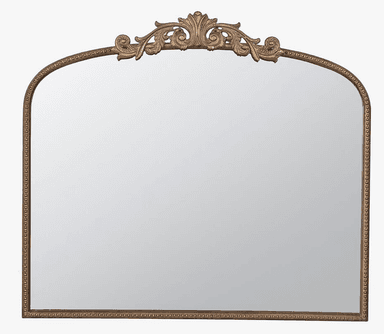 An ornate wall mirror with an arched top and a richly decorated frame. The frame features an intricately carved crest at its apex with scrolled acanthus leaf motifs, an antique bronze finish, and an inner beaded trim along the perimeter. The mirror provides clear reflection. — 3D model