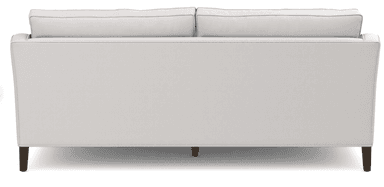 A contemporary sofa upholstered in a light gray fabric, featuring clean lines, track arms, and tapered dark wood legs. The sofa has a minimalist aesthetic with loose back cushions. — 3D model
