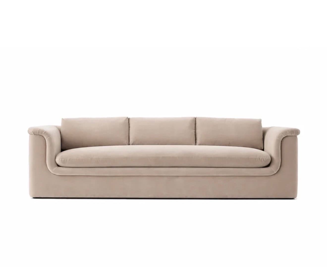 A three-seater sofa with plush cushioning and rolled arms. The sofa features a clean, modern design with a low profile and rounded edges. The back cushions are square and evenly spaced, while the seat cushion is a single continuous piece. The arms curve gently outwards and downwards, creating a soft silhouette. — 3D model