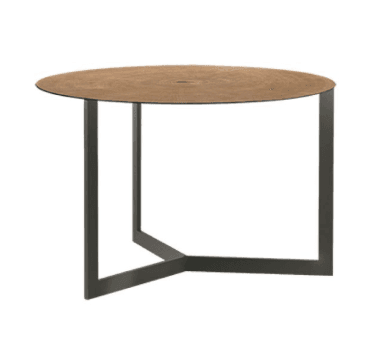 A round coffee table with a wood-grain patterned top and a dark metal base. The base features a geometric design with intersecting legs. — 3D model