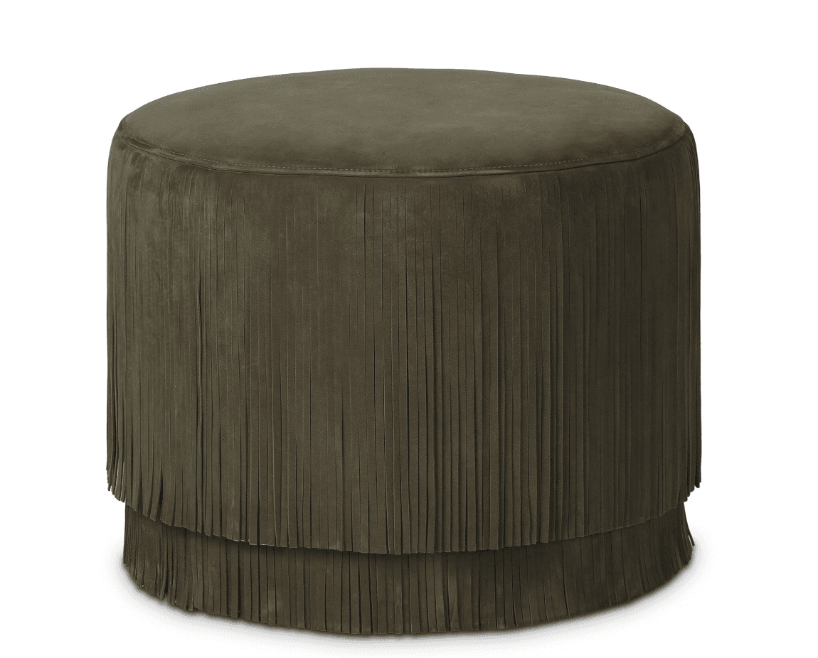 A dark olive-green round ottoman featuring a two-tiered fringe skirt. The top is upholstered and flat, while the cylindrical sides are entirely covered in vertical strips of material, resembling suede, creating a dynamic fringe effect. — 3D model