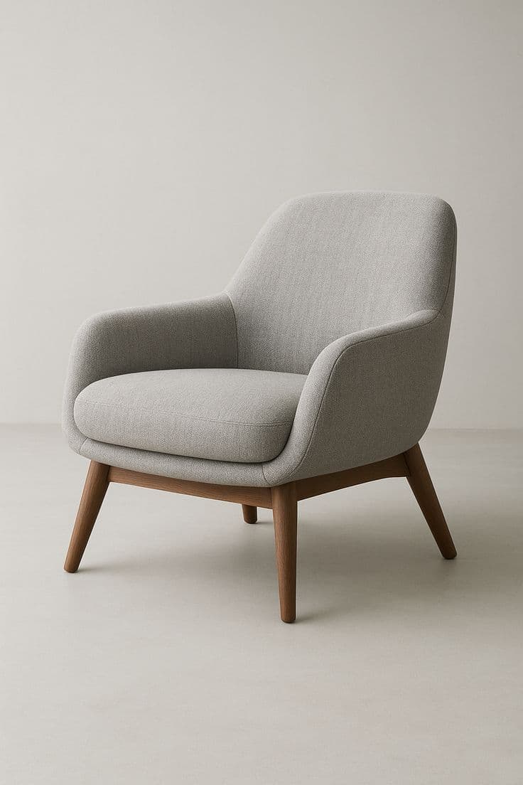 A modern Scandinavian-style lounge chair featuring a light gray upholstered body and a visible solid wood frame with splayed legs. The chair has a minimalist aesthetic with rounded edges and a comfortable, inviting appearance. — 3D model