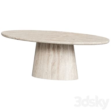 An oval coffee table crafted entirely from light-colored travertine stone, featuring a monolithic pedestal base. The tabletop is elongated and has a smooth, matte finish with natural veining characteristic of travertine. The base is also made of travertine, tapering slightly inward towards the top, providing a sturdy and sculptural foundation for the tabletop. The overall design is minimalist and contemporary, highlighting the natural beauty and texture of the stone. — 3D model