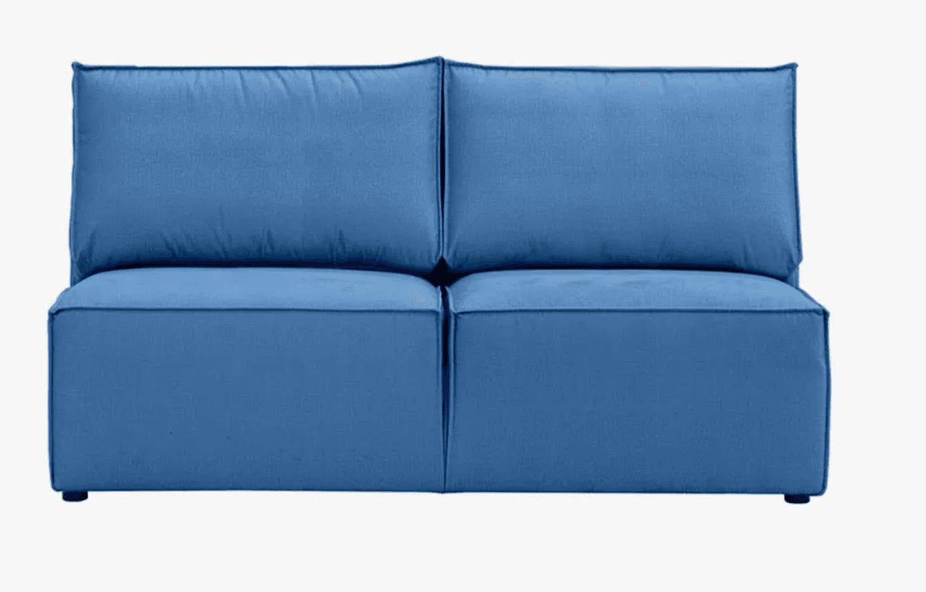 A two-seater modular sofa with clean lines and plush cushioning. The sofa features deep seats and backrests constructed from upholstered blocks, suggesting a modern, minimalist design. The upholstery appears to be a durable fabric, and the construction is robust with visible stitching detailing the edges of each cushion. — 3D model