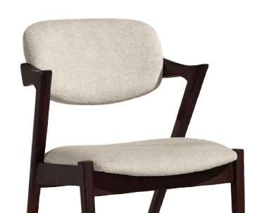 A close-up, studio shot of an armchair with a dark wood frame and upholstered seat and backrest. The armchair features a curved, supportive back and armrests with a distinct angular design. The upholstery is a textured, light-colored fabric. — 3D model