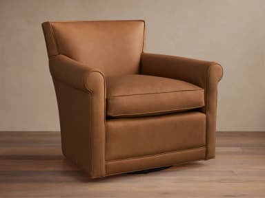 A classic-style swivel armchair upholstered in a warm brown leather, featuring distinct rolled arms, a tight back, and a loose seat cushion with piped edges. The chair rests on a hidden swivel mechanism, allowing for full rotation. — 3D model