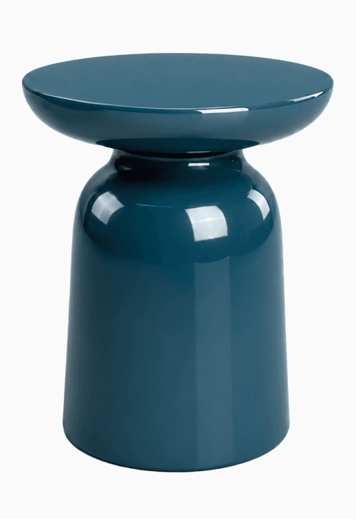 A modern accent table featuring a distinctive hourglass-like silhouette with a wide, stable base, a narrower mid-section, and a flat, circular top. The entire piece is finished in a high-gloss, deep teal or dark blue-green color, reflecting light and emphasizing its smooth, curved form. It appears to be made from a solid, monolithic material, likely lacquered wood, MDF, or fiberglass. — 3D model