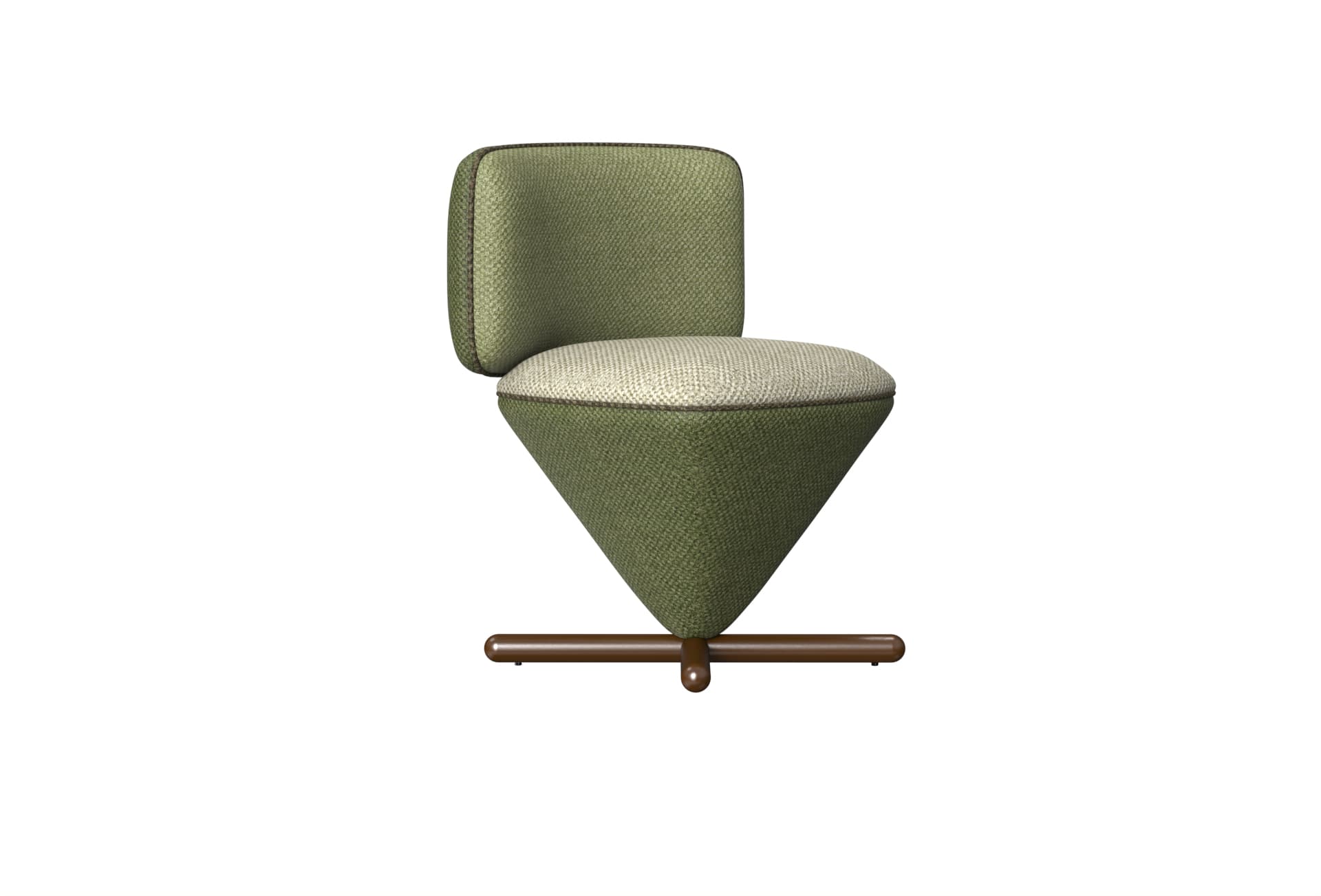 A contemporary, fabric-upholstered chair featuring a unique inverted cone-shaped base and a separate, rectangular backrest. The main body and backrest are olive green, the seat is light beige, and it sits on a minimalist, dark brown bar base. — 3D model