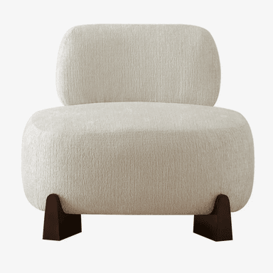 A contemporary armchair with a rounded, organic form. It features a plush, textured upholstery and a low profile supported by dark, angular legs. — 3D model