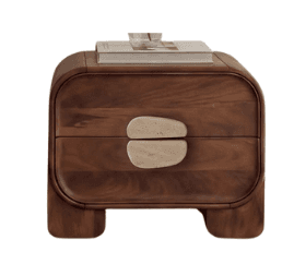 A compact, rectangular nightstand or side cabinet crafted from dark, grain-rich wood, featuring softly rounded corners and edges. It includes two drawers with unique, organic-shaped stone pulls. The design is contemporary with a natural aesthetic. — 3D model
