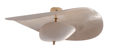 A textured, off-white, leaf-shaped shade with a speckled pattern encases a central, smooth, white, egg-shaped diffuser. A small, cylindrical brass fixture is visible at the center of the diffuser, suggesting it is a pendant or ceiling lamp. — 3D model