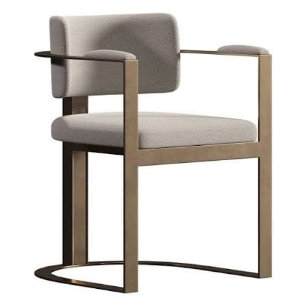 An upholstered dining chair with a minimalist design, featuring a bronze-toned metal frame, a rectangular backrest, and seat, and a sled base. — 3D model