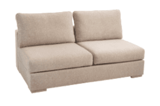 A modern sofa with a upholstered frame and back cushions. It features adjustable headrests with a cylindrical bolster for each seat. The upholstery is a textured, light beige fabric. Thin, darker trim lines divide the back panels vertically. — 3D model