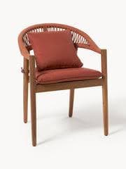 A contemporary armchair with a solid wood frame, a curved woven rope backrest, and two removable fabric cushions in a terracotta color. — 3D model