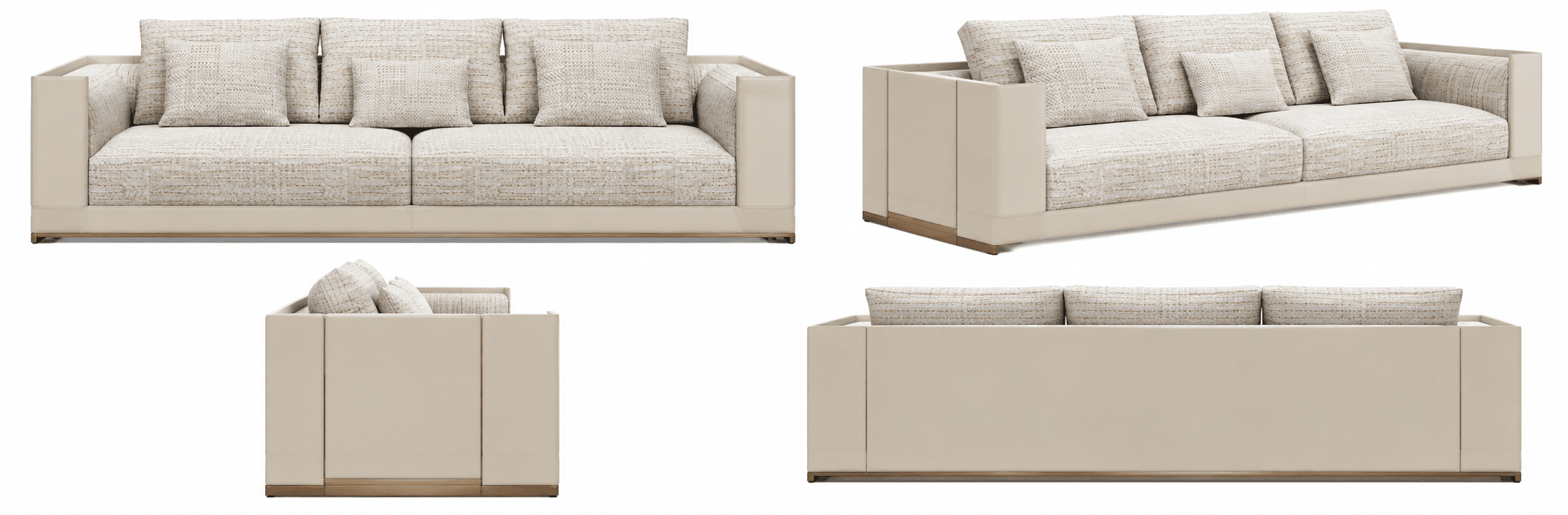 A contemporary three-seater sofa featuring a clean, rectilinear design. The main frame and wide, flat armrests are upholstered in a smooth, light cream-colored fabric or faux leather, providing a sleek base. The removable seat and back cushions, along with accompanying throw pillows, are covered in a richly textured, light beige or off-white woven fabric, possibly a boucle, offering a contrasting tactile element. A slender, recessed base with a metallic, possibly brass or gold-toned, finish subtly elevates the piece, contributing to its modern aesthetic. The sofa's back is fully finished, indicating suitability for placement away from a wall. — 3D model