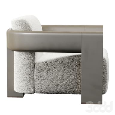 A contemporary armchair featuring a textured boucle upholstery in an off-white color. The armchair has a distinctive design with angular, wide armrests and a backrest that appears to be a single, continuous piece. The armrests are constructed from a smooth, solid material, possibly wood or a composite, finished in a muted taupe or grey tone. The base and legs are integrated into the armrest structure and are of a similar material and color. — 3D model