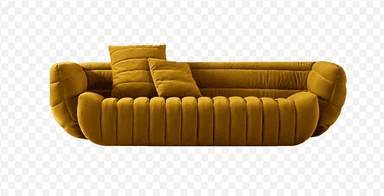 A contemporary three-seat sofa featuring deep channel tufting across its entire body, upholstered in a mustard yellow velvet fabric. It has a distinctive, rounded silhouette with integrated arms and back, and comes with two matching loose throw pillows. — 3D model