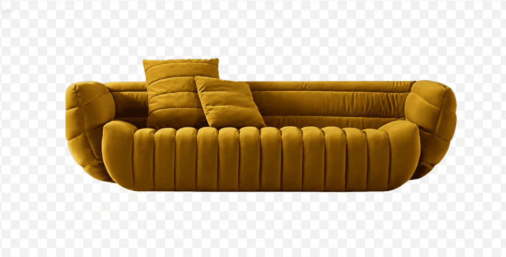A contemporary three-seat sofa featuring deep channel tufting across its entire body, upholstered in a mustard yellow velvet fabric. It has a distinctive, rounded silhouette with integrated arms and back, and comes with two matching loose throw pillows. — 3D model