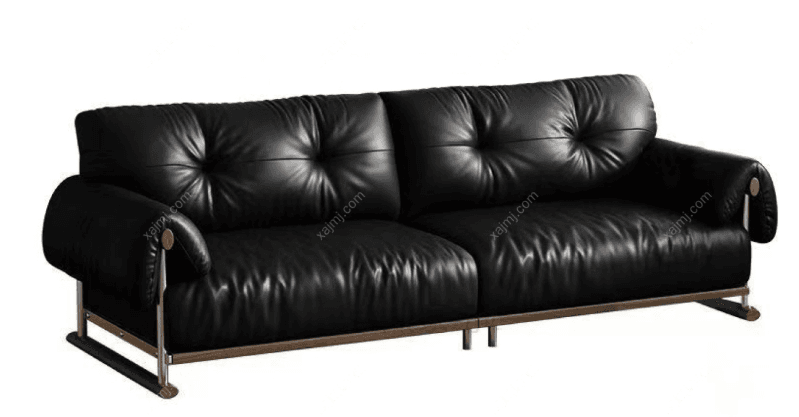A modern, black leather sofa with a tufted backrest and seat cushions. It features rounded armrests with wooden accents and a slender metal frame with wooden feet. — 3D model