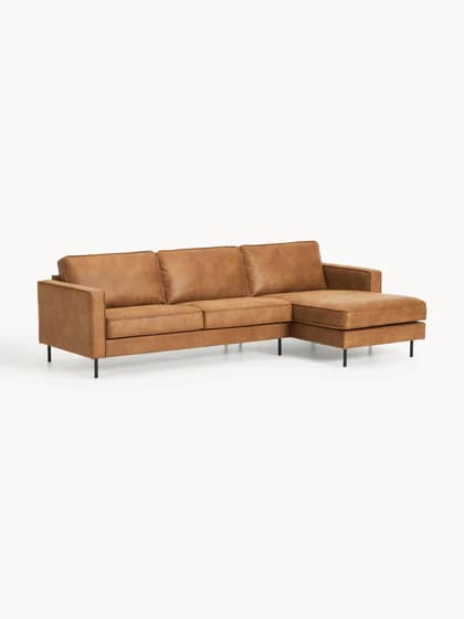 A sectional sofa with a chaise lounge extension. The sofa features a clean, modern design with a low profile and square arms. It is upholstered in a brown material that resembles leather and is supported by slim, black metal legs. — 3D model