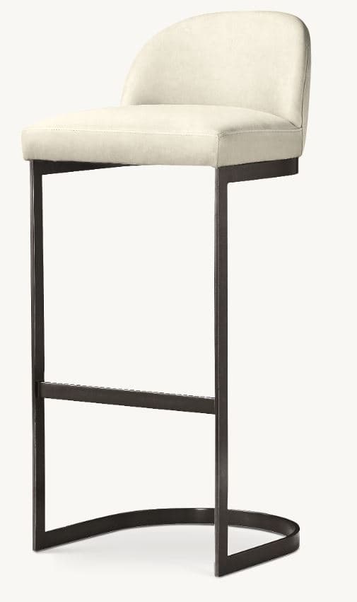 A modern bar stool featuring a comfortable upholstered seat and a sturdy dark metal sled-style base. The seat and backrest are integrated, with a gently curved back providing support. The base includes a horizontal footrest bar for added comfort. — 3D model