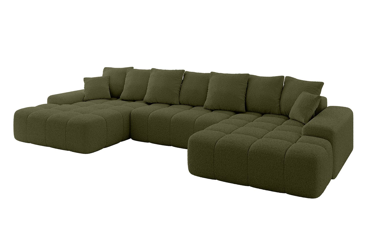 A large, U-shaped sectional sofa with a plush, textured upholstery and a modular design. The sofa features multiple seating sections, back cushions, and armrests. The seat cushions are tufted with a grid pattern. — 3D model