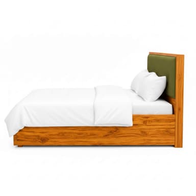 A modern platform bed featuring a substantial wooden frame with prominent grain and an integrated headboard upholstered in a deep green fabric. The bed is prepared with white bedding and two matching white pillows, presented against a clean white background. — 3D model
