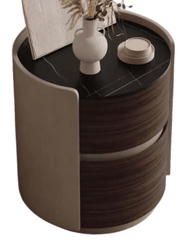 A contemporary round nightstand featuring a dark marble top, two curved wood veneer drawers, and a beige, semi-enclosing outer frame. — 3D model