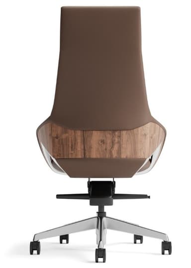 A high-back executive office chair featuring brown leather upholstery, integrated headrest, and distinctive wooden and polished metal accents on the armrests and base. The chair is equipped with a five-star swivel base and casters for mobility. — 3D model