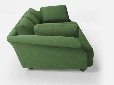 A three-seater sofa with a tufted seat and back cushions. It features rolled arms that curve outwards and short wooden legs. The sofa is upholstered in a textured green fabric and comes with two matching throw pillows. The back cushions are loose, while the seat appears to be a single tufted cushion. — 3D model