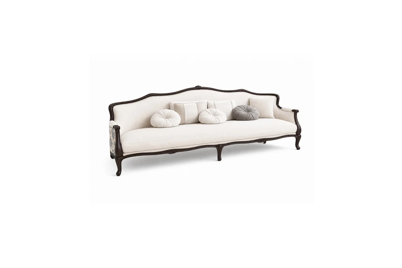 A French Rococo style settee featuring a dark, elaborately carved wooden frame with a scalloped top edge and cabriole legs. It is upholstered in a light cream-colored fabric and includes several decorative cushions, both round and rectangular, in coordinating cream and grey tones. — 3D model