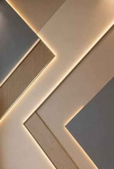 A modern decorative wall panel featuring a dynamic geometric design with integrated LED lighting. The panel is composed of various angular segments in different shades of beige, light brown, and dark gray, some of which are recessed and others slightly protruding. The integrated lighting runs along the edges of certain segments, creating a glowing effect that highlights the panel's three-dimensional structure and design. One segment also displays a ribbed or fluted texture. The overall aesthetic is sleek and contemporary. — 3D model