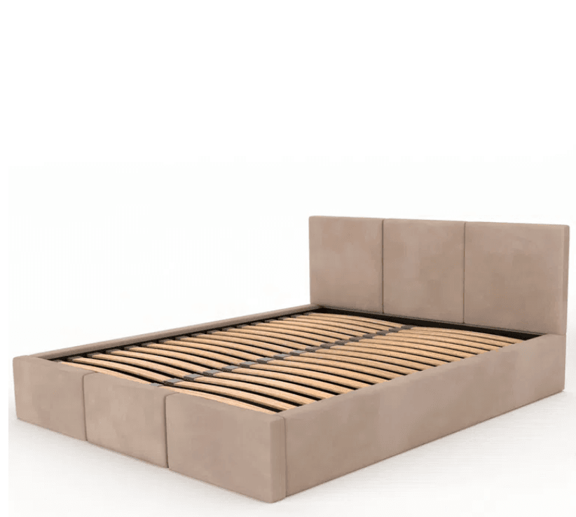 A modern bed frame with a rectangular headboard and a low-profile base. The headboard is composed of three vertical upholstered panels. The base is upholstered and features two drawer units at the foot of the bed. The mattress support consists of flexible wooden slats arranged longitudinally, spaced to provide ventilation and support. — 3D model