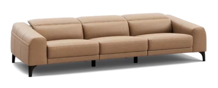 A three-seater sofa with a segmented backrest and seat cushions. The sofa features a padded armrest on the left side and a curved profile on the right. It is supported by dark, slender legs. — 3D model